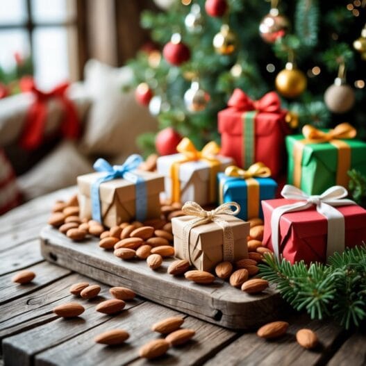 En farverig samling af mandelgaver til børn med legetøj og søde overraskelser.